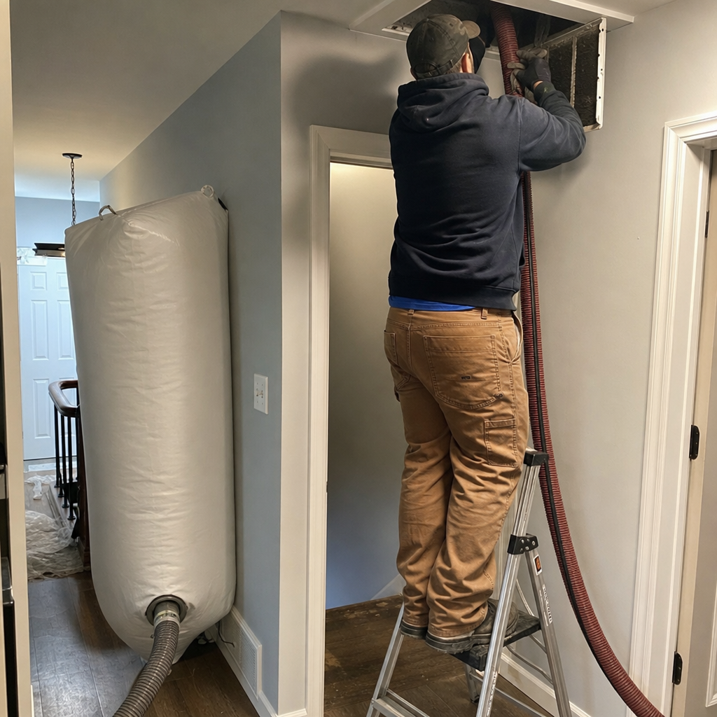 Technician performing residential air duct cleaning with professional vacuum equipment