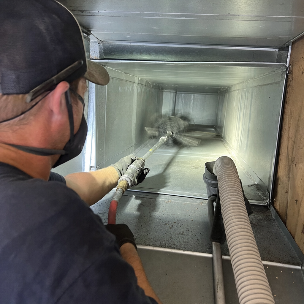Technician using a rotating brush tool for professional air duct cleaning.
