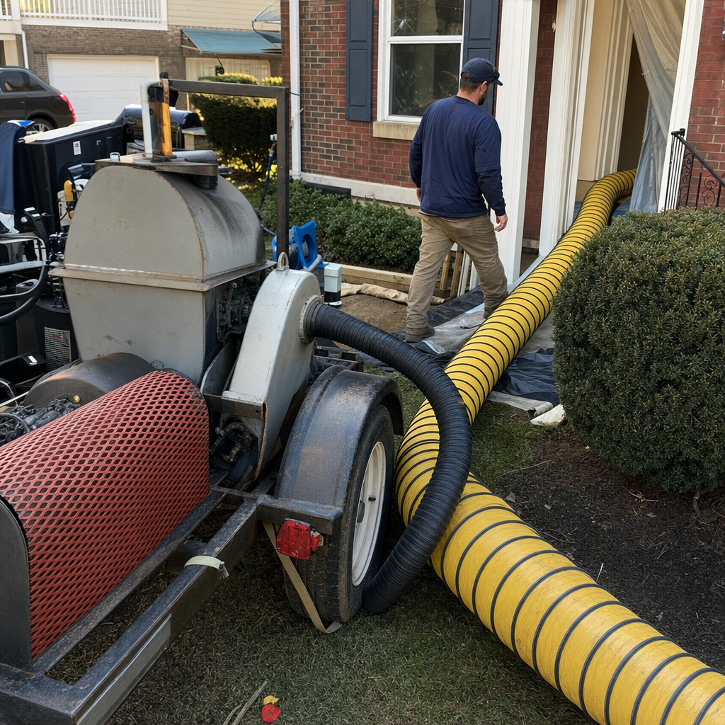 Professional technician performing residential air duct cleaning with industrial vacuum equipment