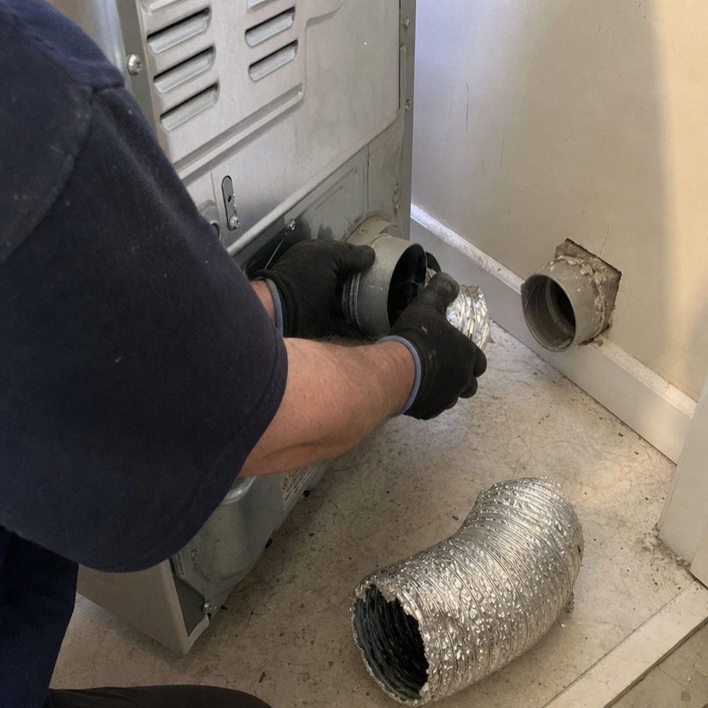 Technician connecting dryer vent hose for professional dryer duct cleaning service