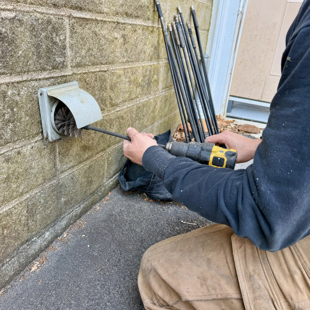 Technician using a rotary drill brush for professional dryer vent cleaning