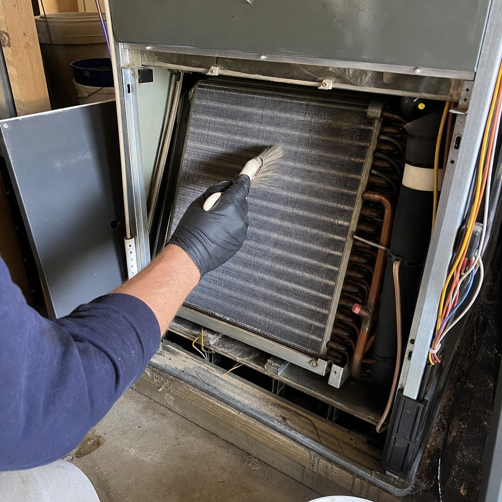 Technician performing professional HVAC evaporator coil cleaning with a brush