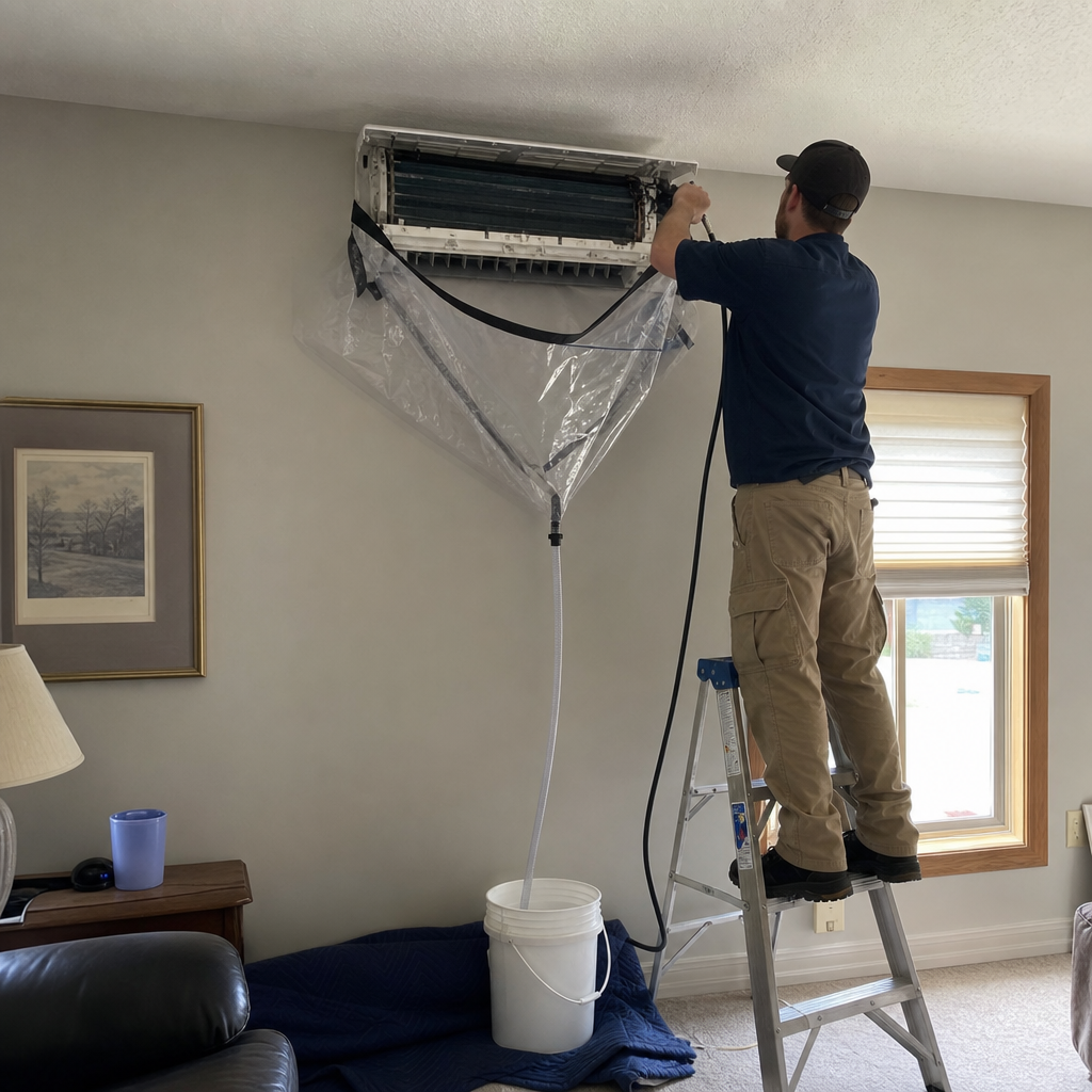 Technician performing professional mini-split air conditioner maintenance and cleaning