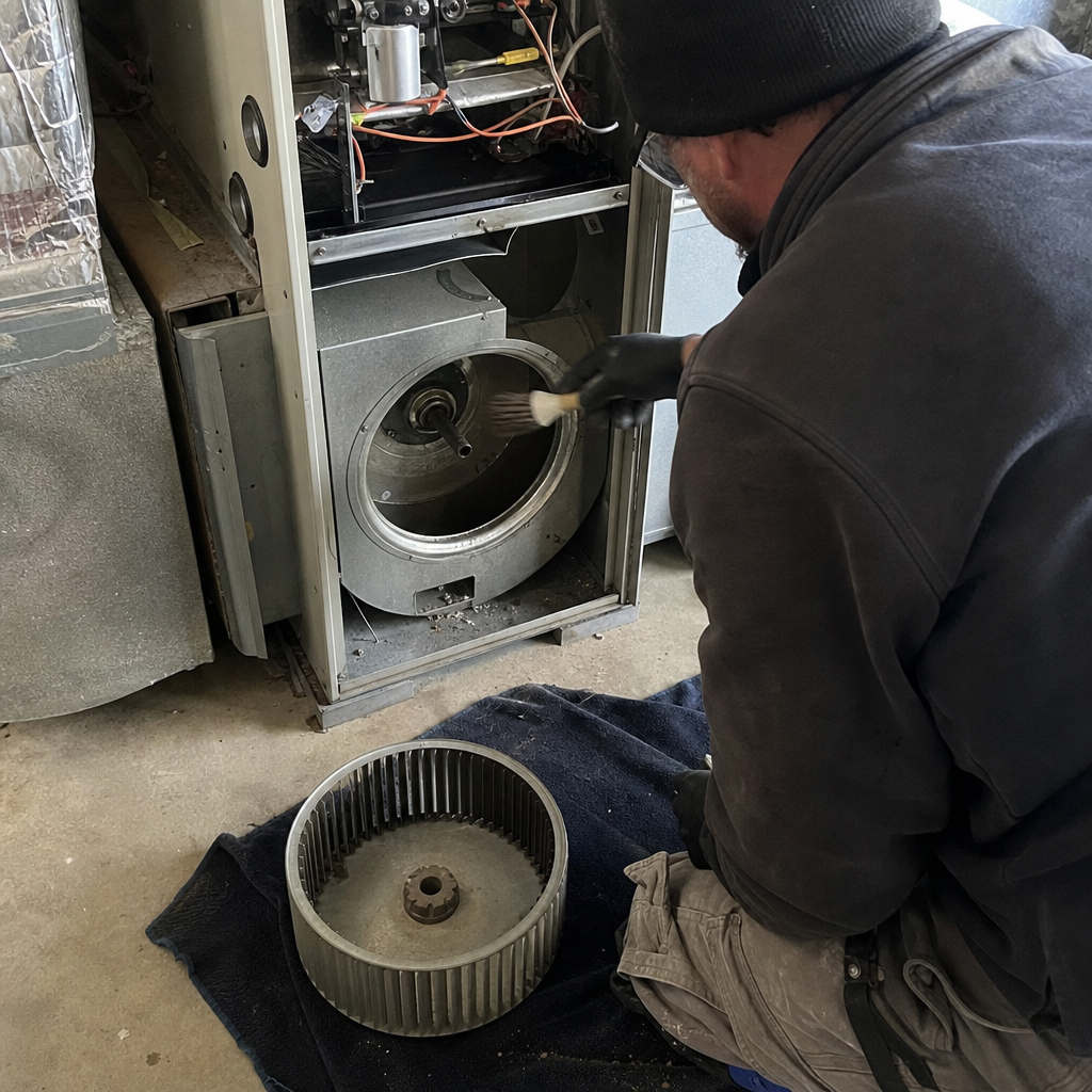 Technician performing professional residential HVAC blower motor cleaning and maintenance