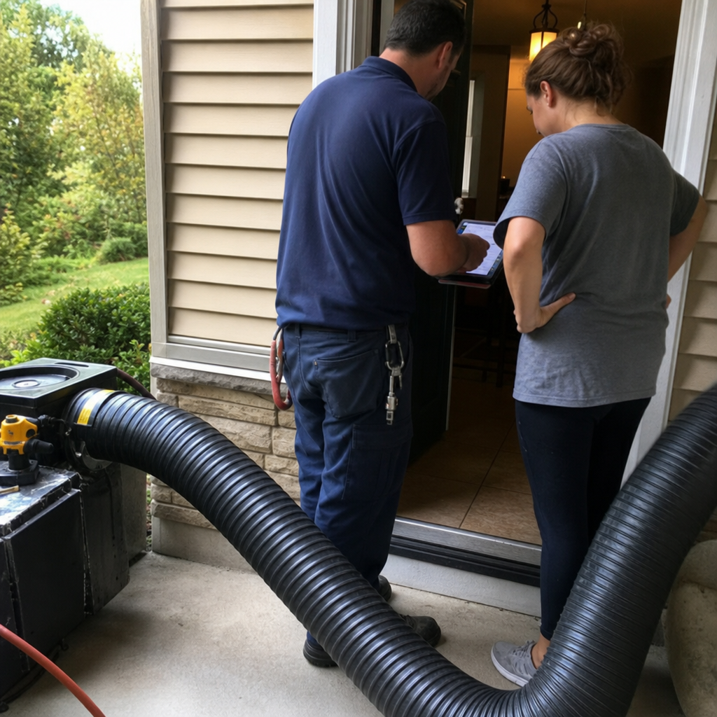 Air duct cleaning technician discussing service details with a customer in Pittsburgh, PA