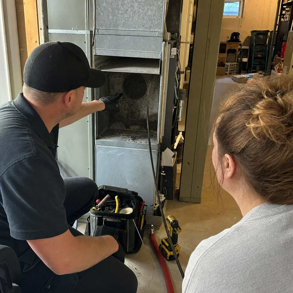 Technician performing professional air duct cleaning service inspection in Pittsburgh, PA