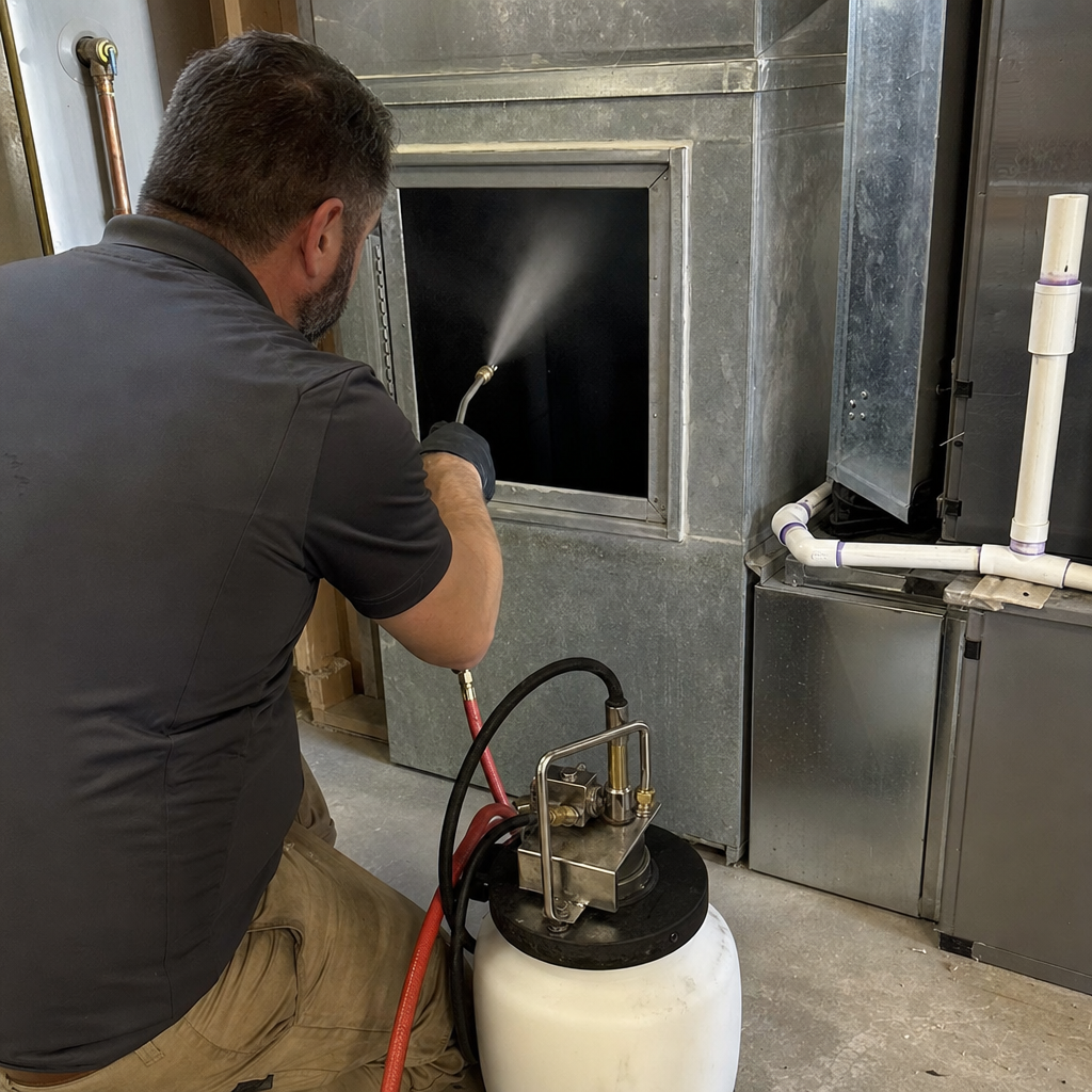 Technician performing professional HVAC air duct sanitizing and cleaning services in Pittsburgh, PA