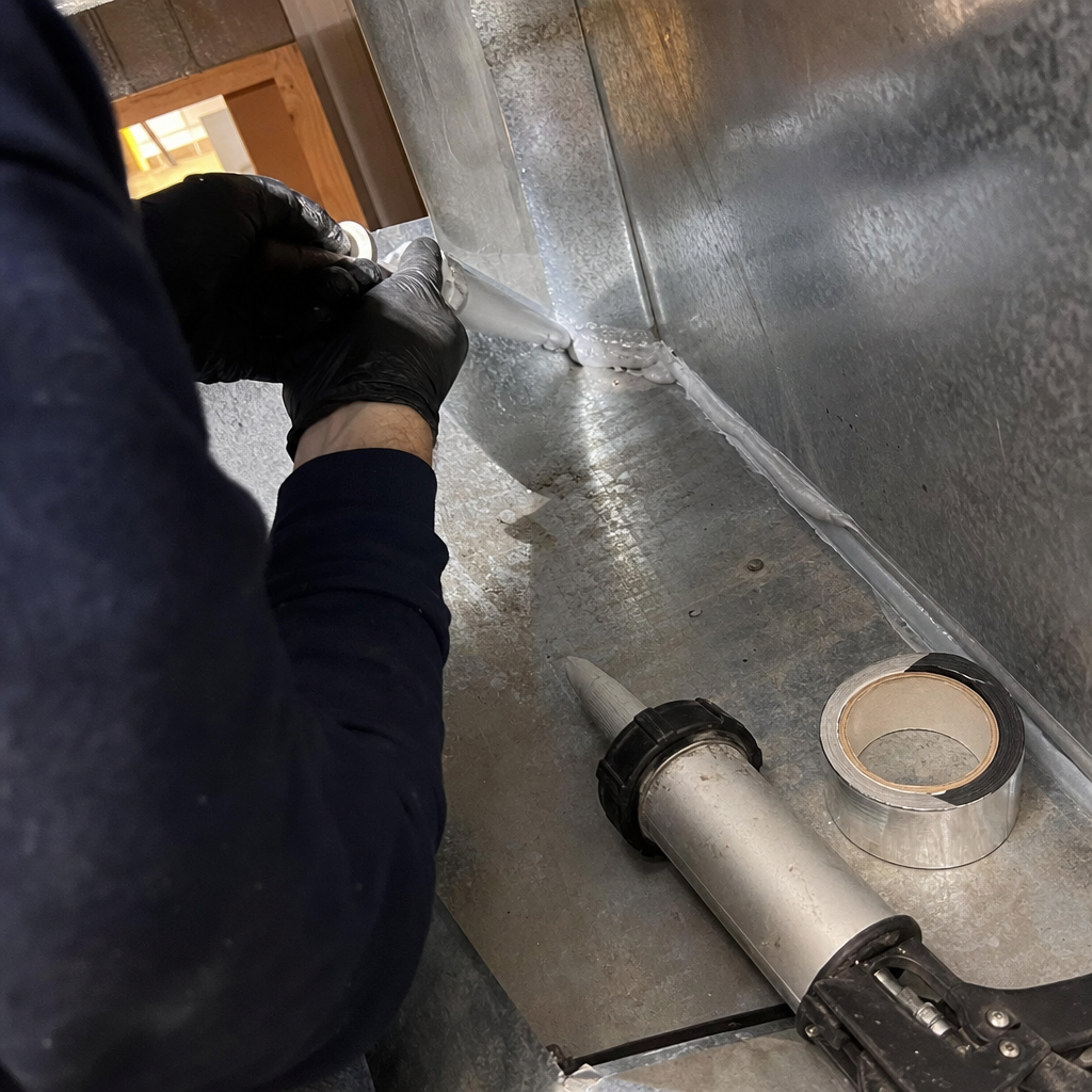 Technician applying professional sealant to metal HVAC air duct seams in Pittsburgh, PA