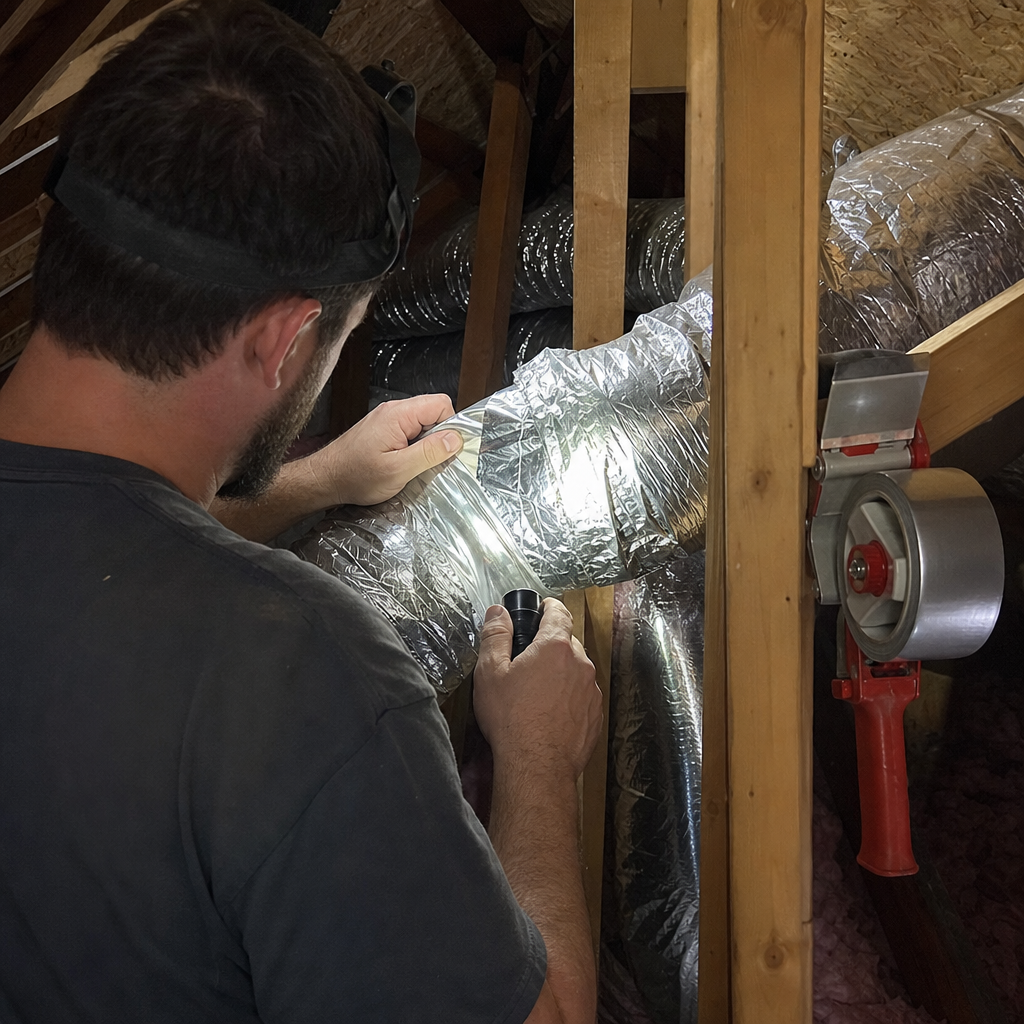 Technician performing professional air duct repair and sealing in an attic. in Pittsburgh, PA